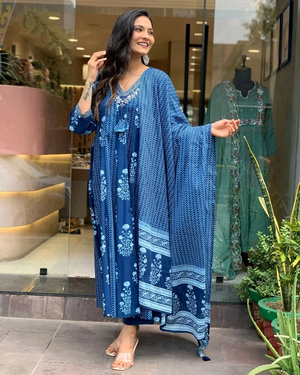 LCW 5705 *New lounch Cotton  A-line Kurta Pant Set  Hand work& embroidery* - Blue, XL-42