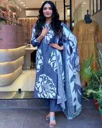 LCW 5706 Very Beautiful Heavy Cotton Kurti Pant & Dupatta Set Beautiful Heavy  Embroidery On Neck - 2XL-44
