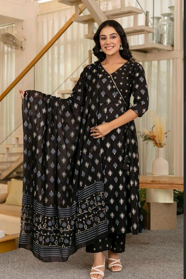 LCW 5708 Beautiful cotton embroidered anarkali style anagrakha three pcs set perfact  - Black, 2XL-44