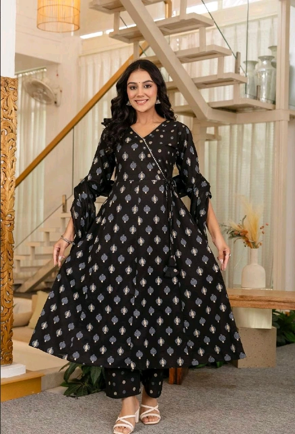 LCW 5708 Beautiful cotton embroidered anarkali style anagrakha three pcs set perfact  - Black, 2XL-44