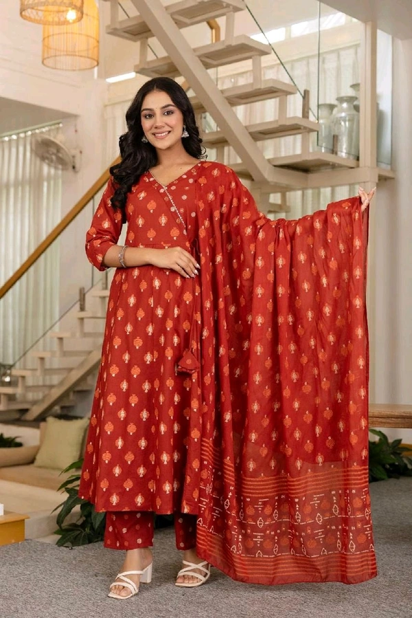 LCW 5708 Beautiful cotton embroidered anarkali style anagrakha three pcs set perfact  - Red, L-40