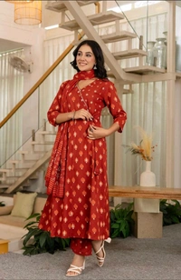 LCW 5708 Beautiful cotton embroidered anarkali style anagrakha three pcs set perfact  - Red, L-40