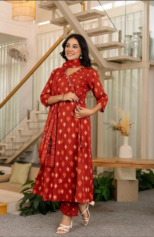 LCW 5708 Beautiful cotton embroidered anarkali style anagrakha three pcs set perfact  - Red, L-40