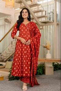 LCW 5708 Beautiful cotton embroidered anarkali style anagrakha three pcs set perfact  - Red, L-40