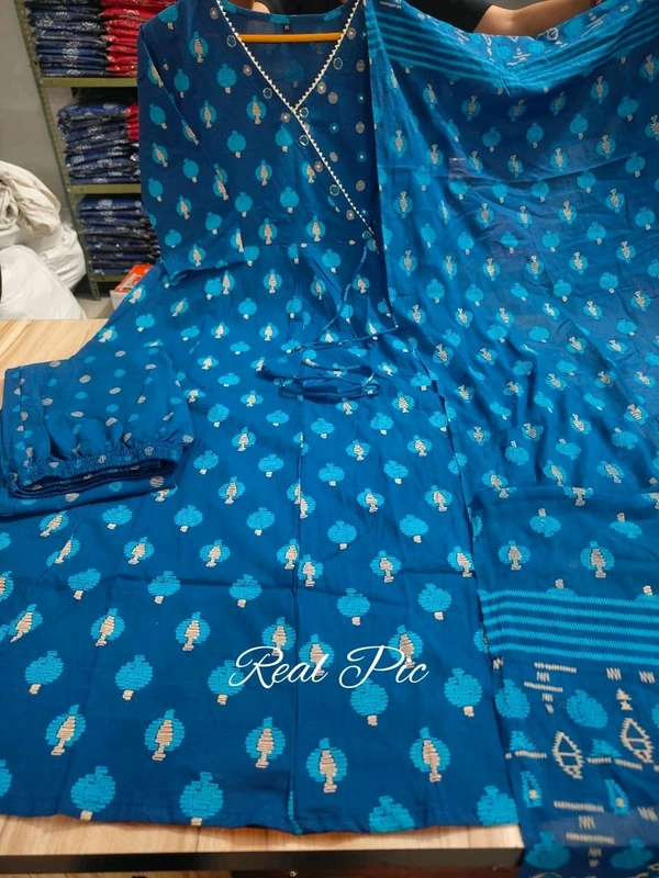 LCW 5708 Beautiful cotton embroidered anarkali style anagrakha three pcs set perfact  - Blue, 2XL-44