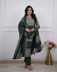 LCW 5709 *New beautiful Kurta Pant With  print dupatta sets Traditional wear Work Hand mirror work - Dark green, 3XL-46