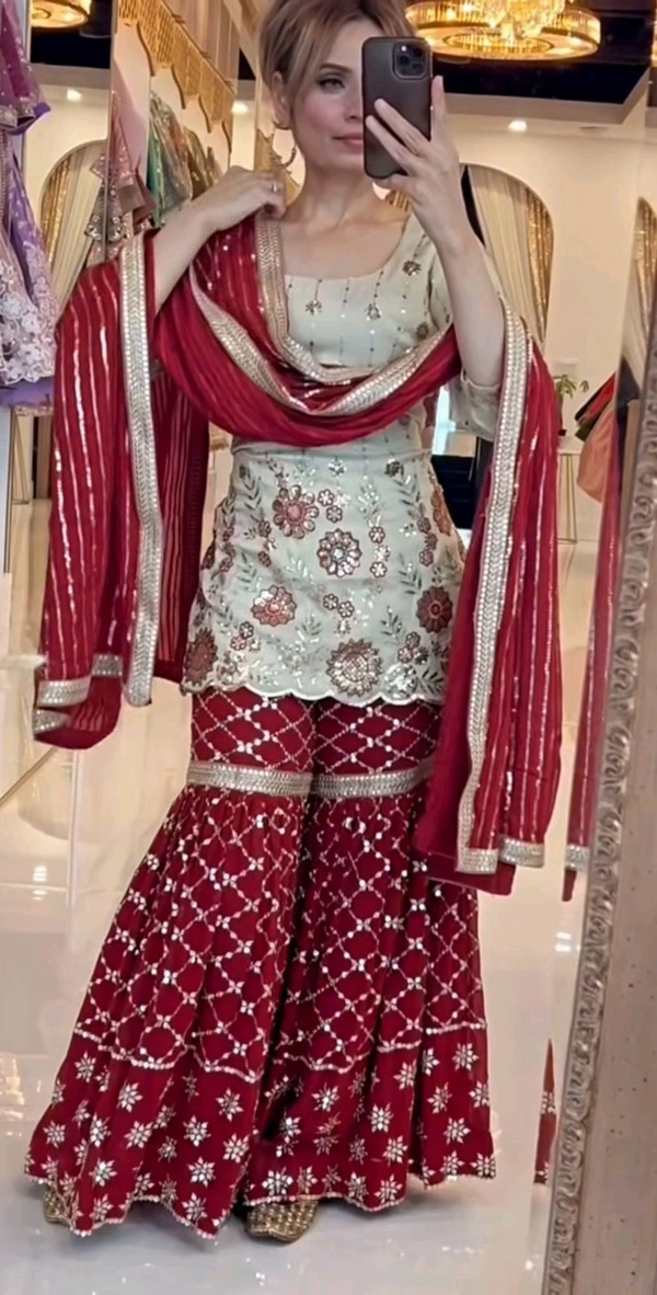 DSS 5714  New Designer Party Wear Look Top Heavy Chinnon Silk, Sharara Plazzo  and Dupatta With Beautiful Embroidery Work  - 2XL-44