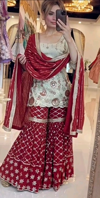 DSS 5714  New Designer Party Wear Look Top Heavy Chinnon Silk, Sharara Plazzo  and Dupatta With Beautiful Embroidery Work  - 2XL-44