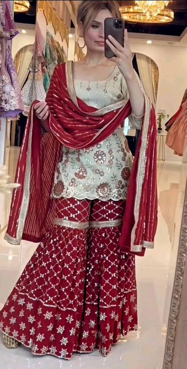 DSS 5714  New Designer Party Wear Look Top Heavy Chinnon Silk, Sharara Plazzo  and Dupatta With Beautiful Embroidery Work  - 2XL-44