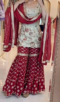 DSS 5714  New Designer Party Wear Look Top Heavy Chinnon Silk, Sharara Plazzo  and Dupatta With Beautiful Embroidery Work  - 2XL-44