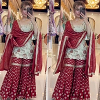 DSS 5714  New Designer Party Wear Look Top Heavy Chinnon Silk, Sharara Plazzo  and Dupatta With Beautiful Embroidery Work  - 2XL-44