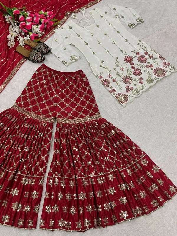 DSS 5714  New Designer Party Wear Look Top Heavy Chinnon Silk, Sharara Plazzo  and Dupatta With Beautiful Embroidery Work  - 2XL-44