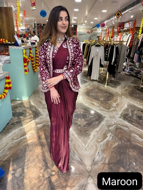 DSS 5715  New Ready To Wear Saree With Jacket Saree 
 Heavy Diamond Satin Silk With Multi Thread Embroidery  With Patch Work Butta* - Maroon, 2XL-44