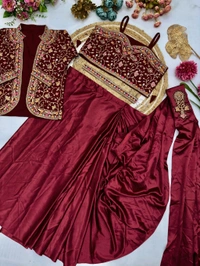 DSS 5715  New Ready To Wear Saree With Jacket Saree 
 Heavy Diamond Satin Silk With Multi Thread Embroidery  With Patch Work Butta* - Maroon, 2XL-44