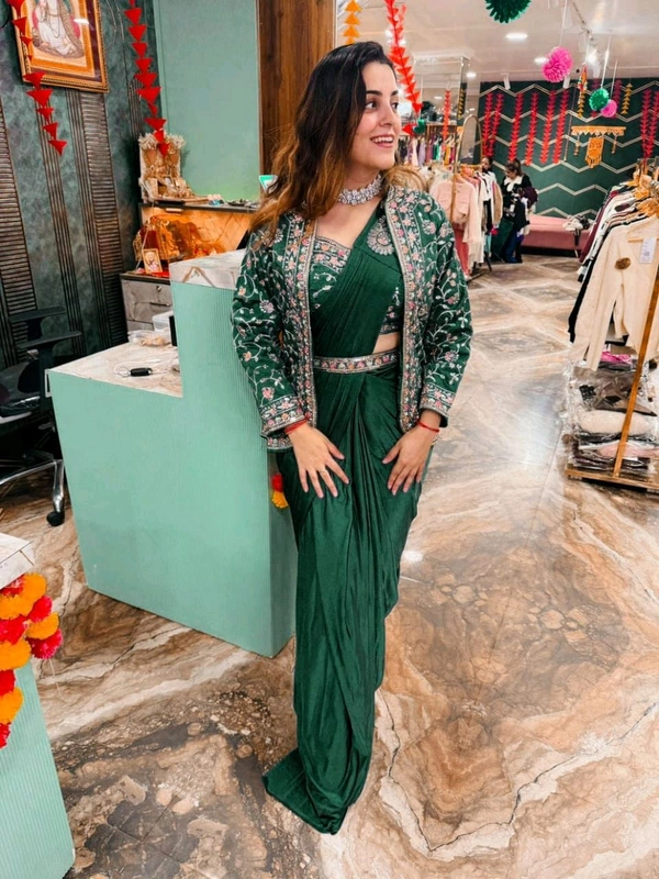 DSS 5715  New Ready To Wear Saree With Jacket Saree 
 Heavy Diamond Satin Silk With Multi Thread Embroidery  With Patch Work Butta* - Green, 2XL-44