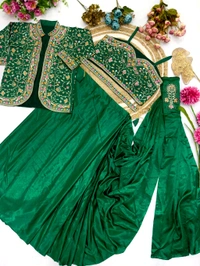 DSS 5715  New Ready To Wear Saree With Jacket Saree 
 Heavy Diamond Satin Silk With Multi Thread Embroidery  With Patch Work Butta* - Green, 2XL-44