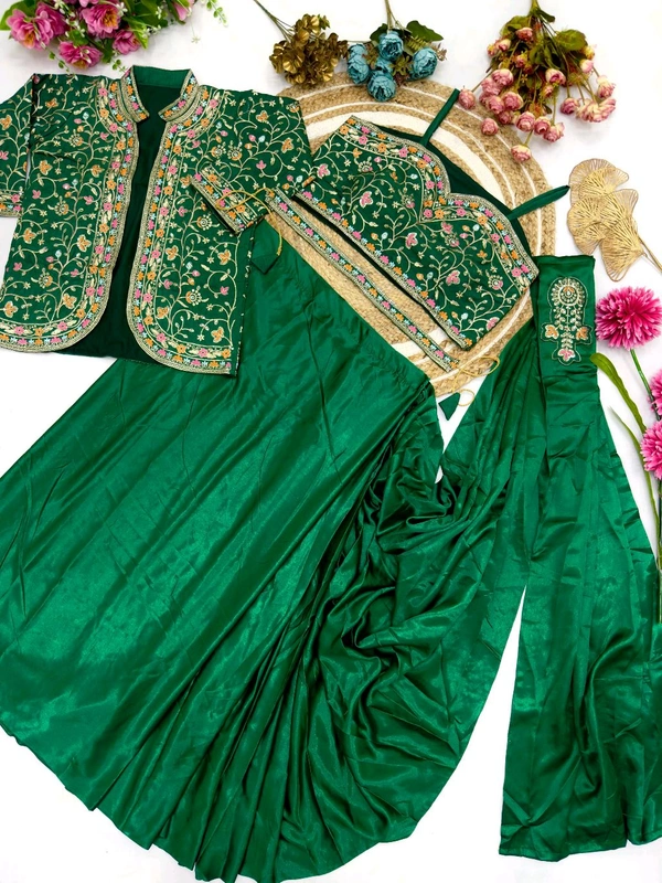 DSS 5715  New Ready To Wear Saree With Jacket Saree 
 Heavy Diamond Satin Silk With Multi Thread Embroidery  With Patch Work Butta* - Green, 2XL-44
