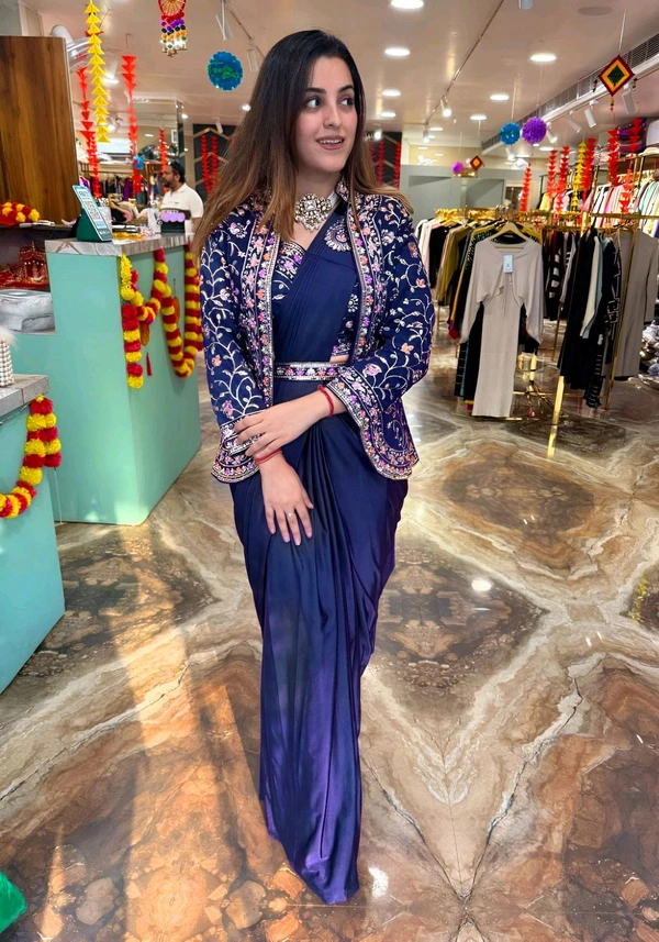 DSS 5715  New Ready To Wear Saree With Jacket Saree 
 Heavy Diamond Satin Silk With Multi Thread Embroidery  With Patch Work Butta* - blue, 2XL-44