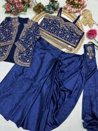 DSS 5715  New Ready To Wear Saree With Jacket Saree 
 Heavy Diamond Satin Silk With Multi Thread Embroidery  With Patch Work Butta* - blue, 2XL-44