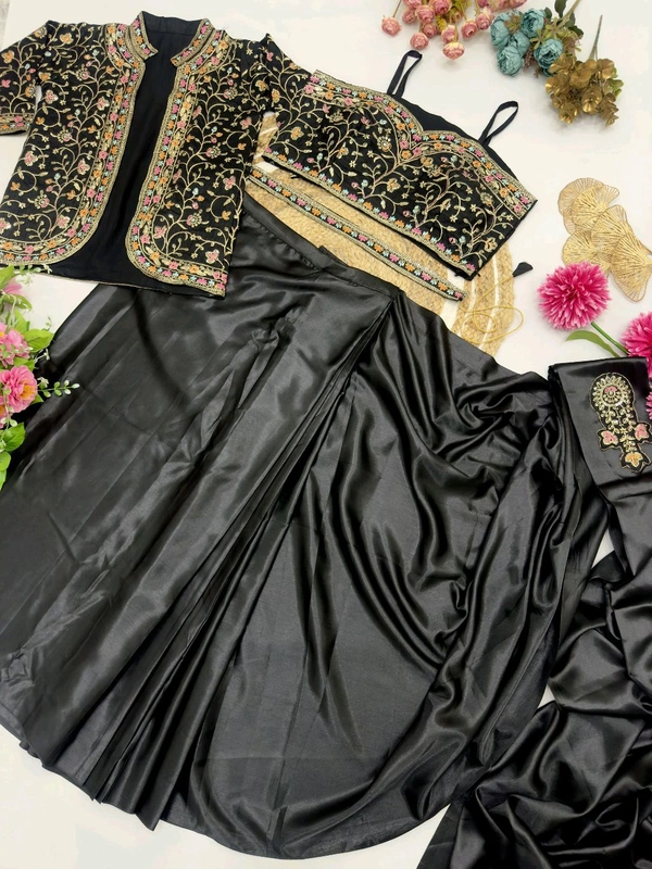 DSS 5715  New Ready To Wear Saree With Jacket Saree 
 Heavy Diamond Satin Silk With Multi Thread Embroidery  With Patch Work Butta* - Black, 2XL-44