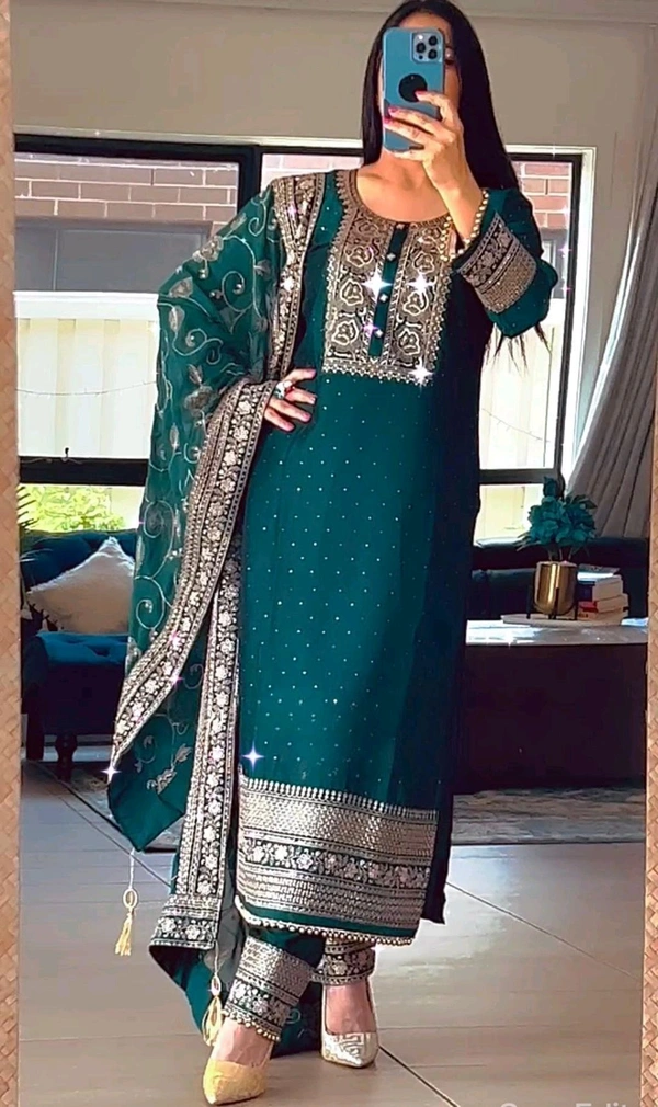 DSS 5718 New Designer Long Chinon Silk  Pakistani Suit Top , Pant and Dupptta Heavy Embroidery Sequence Work  - Green, XL-42