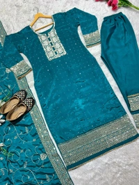 DSS 5718 New Designer Long Chinon Silk  Pakistani Suit Top , Pant and Dupptta Heavy Embroidery Sequence Work  - Green, XL-42