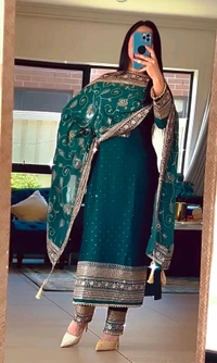 DSS 5718 New Designer Long Chinon Silk  Pakistani Suit Top , Pant and Dupptta Heavy Embroidery Sequence Work  - Green, 2XL-44