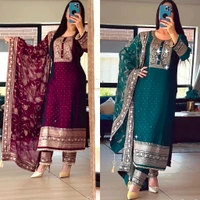 DSS 5718 New Designer Long Chinon Silk  Pakistani Suit Top , Pant and Dupptta Heavy Embroidery Sequence Work  - Green, 2XL-44