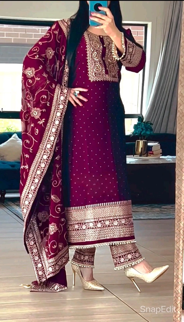 DSS 5718 New Designer Long Chinon Silk  Pakistani Suit Top , Pant and Dupptta Heavy Embroidery Sequence Work  - Purple, M-38