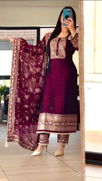 DSS 5718 New Designer Long Chinon Silk  Pakistani Suit Top , Pant and Dupptta Heavy Embroidery Sequence Work  - Purple, M-38