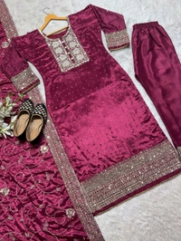 DSS 5718 New Designer Long Chinon Silk  Pakistani Suit Top , Pant and Dupptta Heavy Embroidery Sequence Work  - Purple, M-38