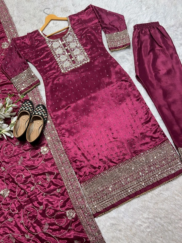 DSS 5718 New Designer Long Chinon Silk  Pakistani Suit Top , Pant and Dupptta Heavy Embroidery Sequence Work  - Purple, M-38