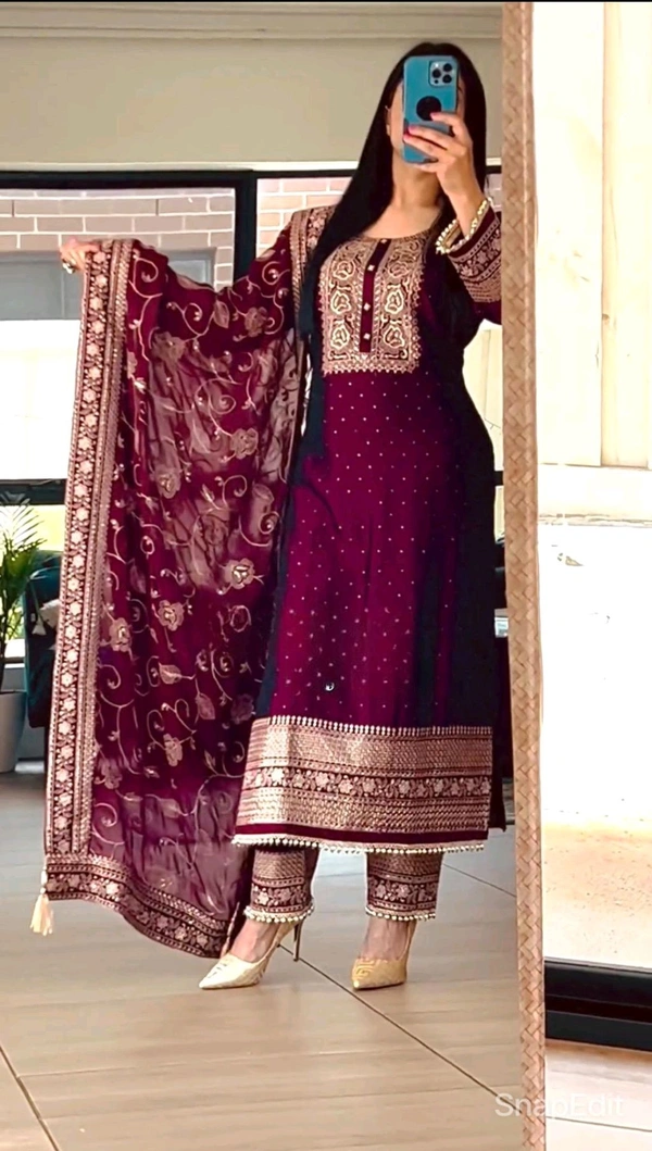 DSS 5718 New Designer Long Chinon Silk  Pakistani Suit Top , Pant and Dupptta Heavy Embroidery Sequence Work  - Purple, XL-42