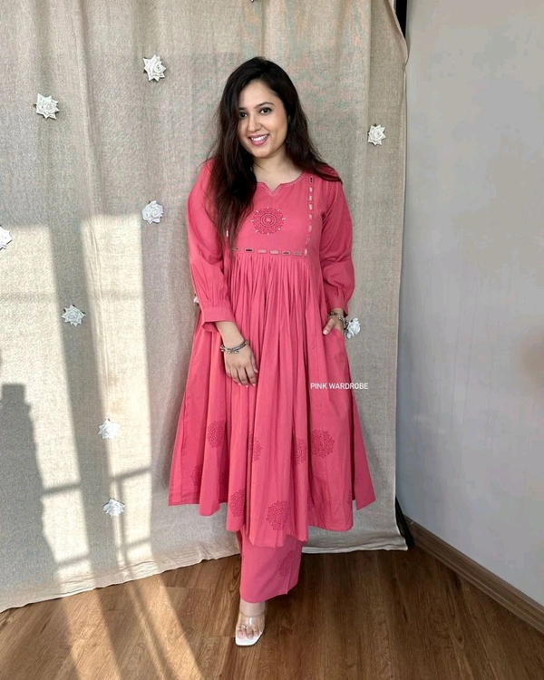 LCW 5722  Heavy Pure Cotton  Embroidery Work Kurti with Pant with  - Pink, 3XL-46