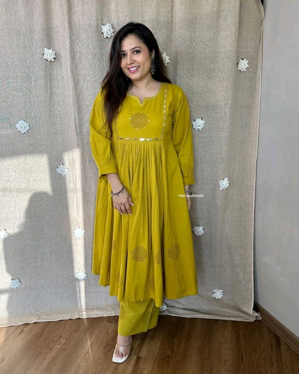 LCW 5722  Heavy Pure Cotton  Embroidery Work Kurti with Pant with  - Yellow, L-40