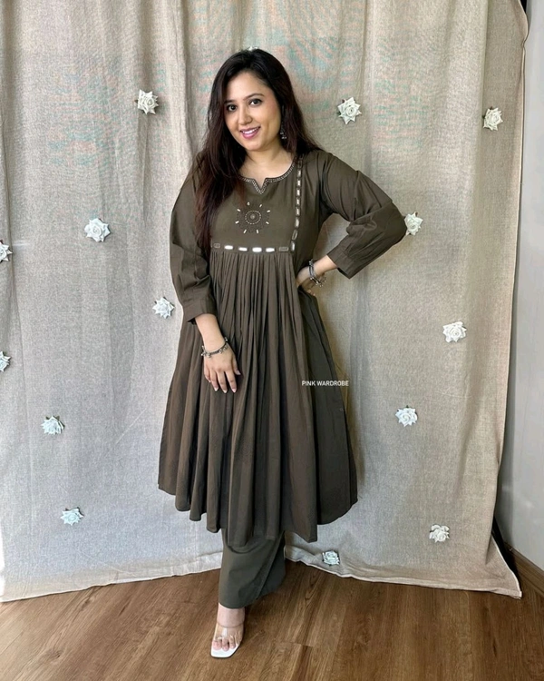 LCW 5722  Heavy Pure Cotton  Embroidery Work Kurti with Pant with  - Gray, 3XL-46