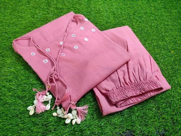 LCW 5724 beautiful elegant mirror work Cotton slub Kurta Pant Set  - Blush Pink, M-38