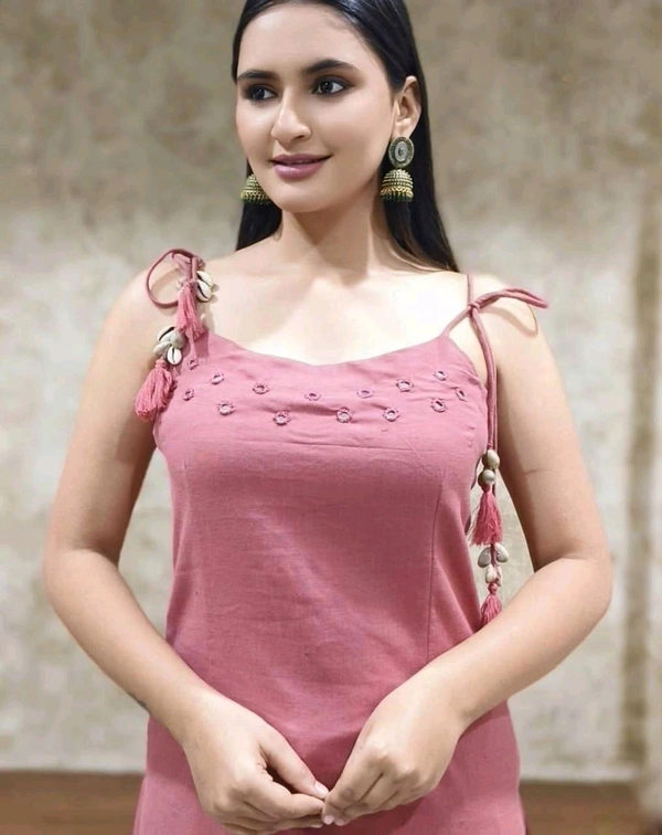 LCW 5724 beautiful elegant mirror work Cotton slub Kurta Pant Set  - Blush Pink, XL-42