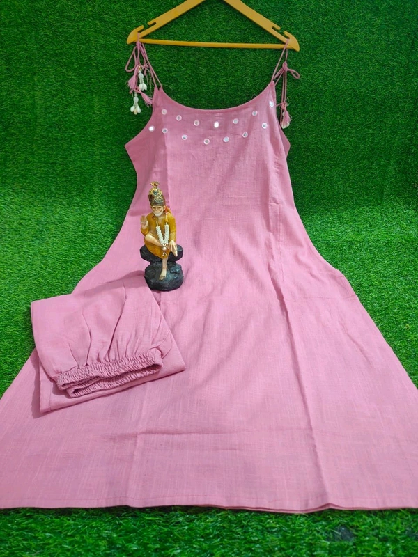LCW 5724 beautiful elegant mirror work Cotton slub Kurta Pant Set  - Blush Pink, XL-42