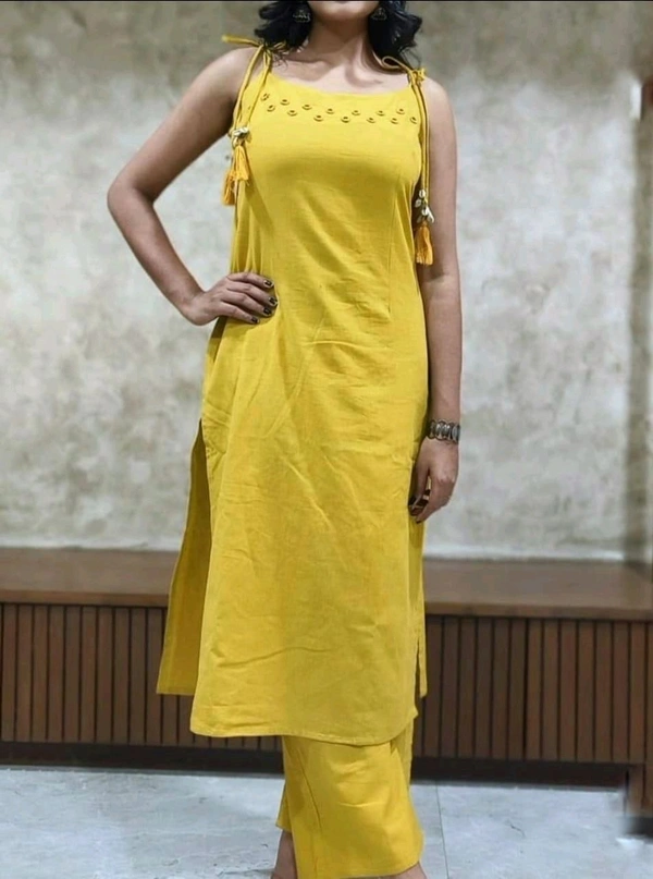 LCW 5724 beautiful elegant mirror work Cotton slub Kurta Pant Set  - Yellow, 2XL-44