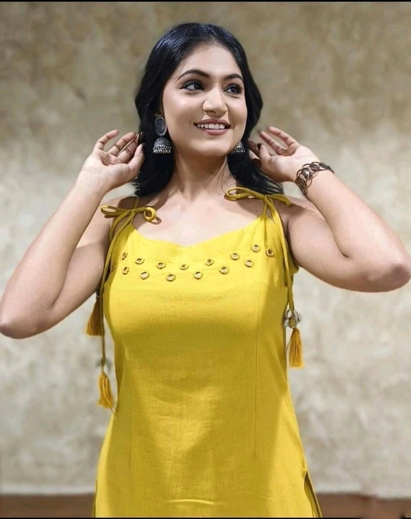 LCW 5724 beautiful elegant mirror work Cotton slub Kurta Pant Set  - Yellow, 2XL-44