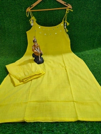 LCW 5724 beautiful elegant mirror work Cotton slub Kurta Pant Set  - Yellow, 2XL-44