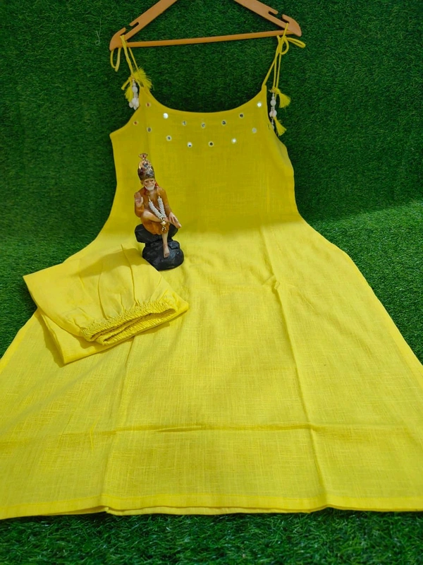LCW 5724 beautiful elegant mirror work Cotton slub Kurta Pant Set  - Yellow, 2XL-44