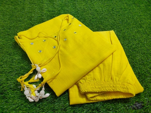 LCW 5724 beautiful elegant mirror work Cotton slub Kurta Pant Set  - Yellow, 3XL-46