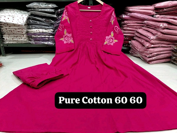 LCW 5725 New Launching Pure Cotton  Heavy Embroidery work Kurti Pant Set  - pink, 2XL-44