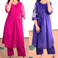 LCW 5725 New Launching Pure Cotton  Heavy Embroidery work Kurti Pant Set  - pink, 3XL-46