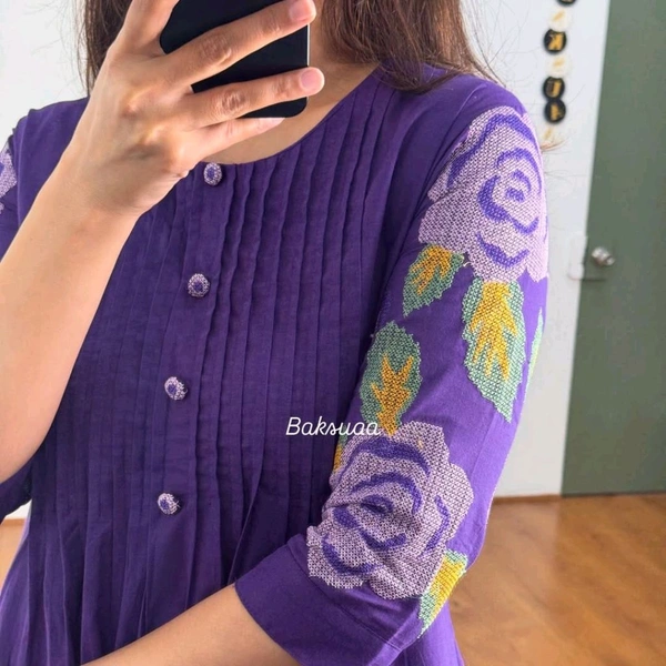LCW 5725 New Launching Pure Cotton  Heavy Embroidery work Kurti Pant Set  - Purple, XL-42