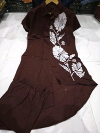 LCW 5727 New look  Embroidered Work Pure Cotton   Cord Set  - Brown, XL-42