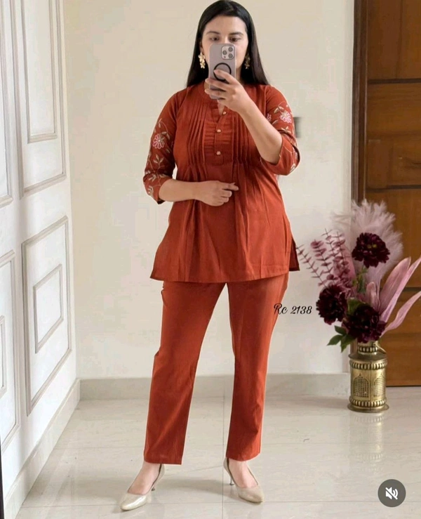 LCW 5728 New designer Cotton Co-ord Set With Heavy Floral Embroidery Work With Side Pocket  - Orange, XL-42