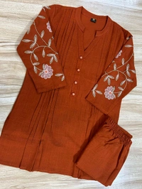 LCW 5728 New designer Cotton Co-ord Set With Heavy Floral Embroidery Work With Side Pocket  - Orange, XL-42
